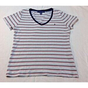Vintage 90s Tommy Hilfiger Red White Blue Striped Tee 100% Cotton Size L